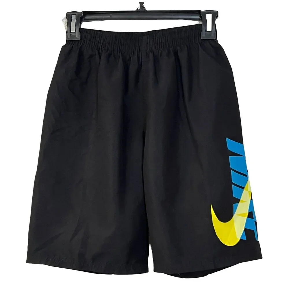 Nike Boys XL Black Swim Trunks Blue Yellow Graphic Logo Mesh Lined Summer